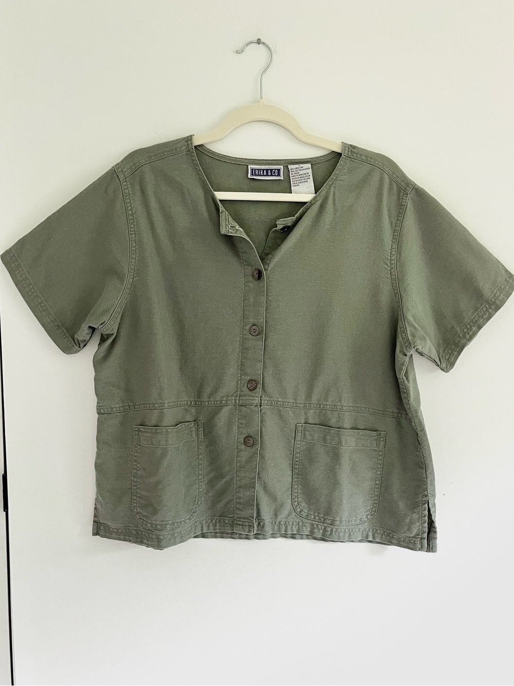 Vintage Erika & Co Grey Sage Linen Cotton Button-Front Chore Shirt Boxy Minimal